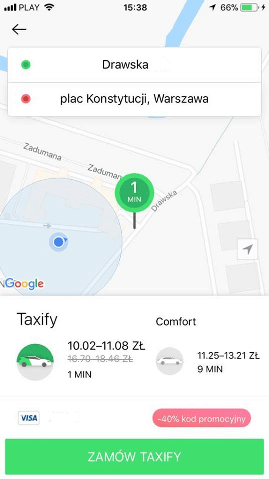 Taxify - przykładowa trasa