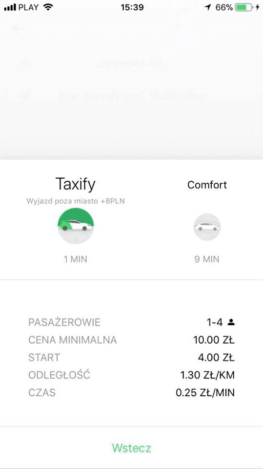 Taxify - podsumowanie przejazdu