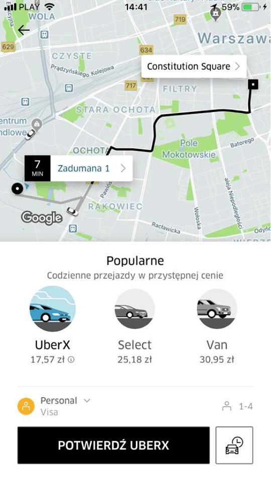 Uber - przykładowa trasa przejazdu