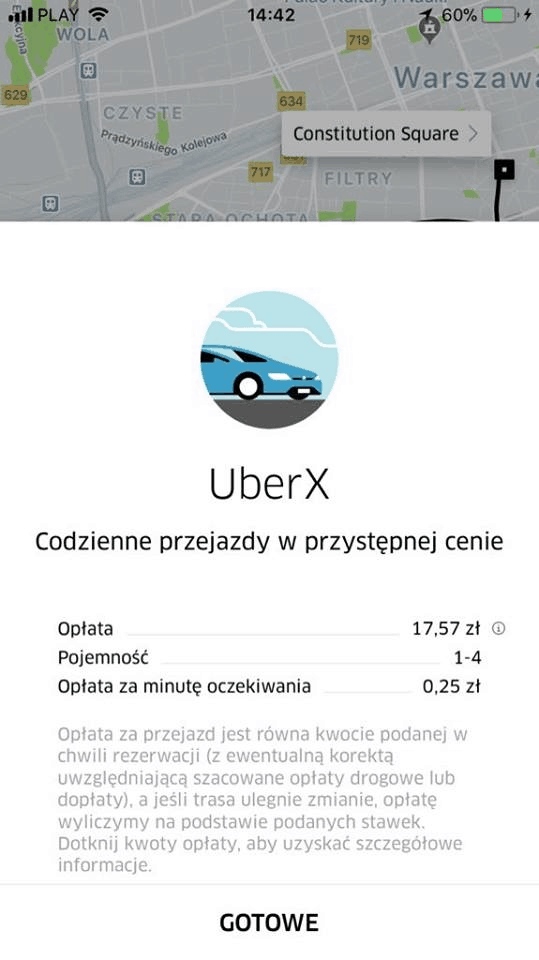 Uber - podsumowanie przejazdu