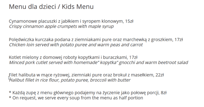 Reatauracja kura domowa menu dla dzieci